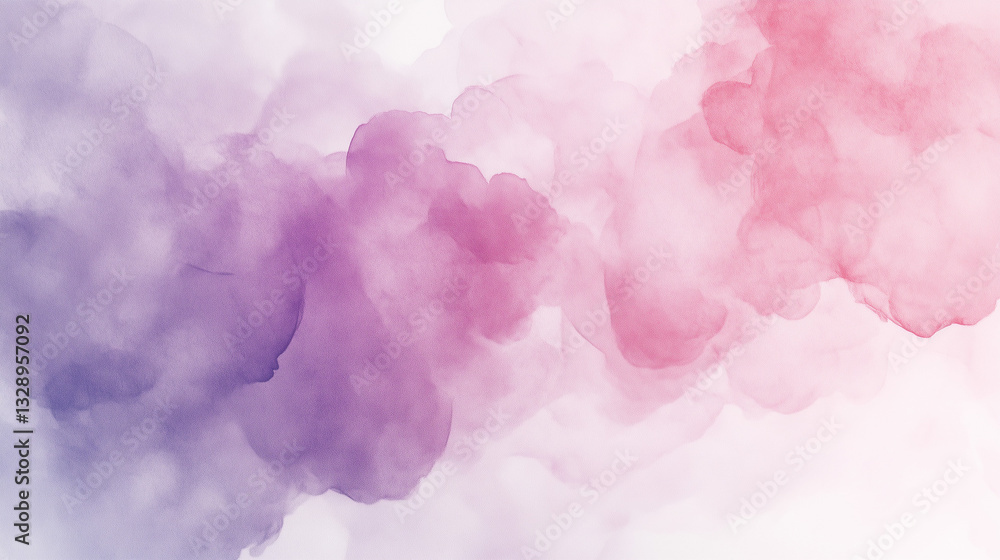 Fototapeta premium Soft pink and lavender watercolor clouds on white background