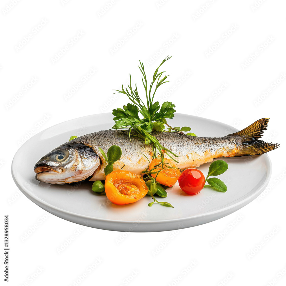 Freshly Cooked Fish with Colorful Vegetables on White Plate Freshly Cooked Fish with Colorful Vegetables on White Plate