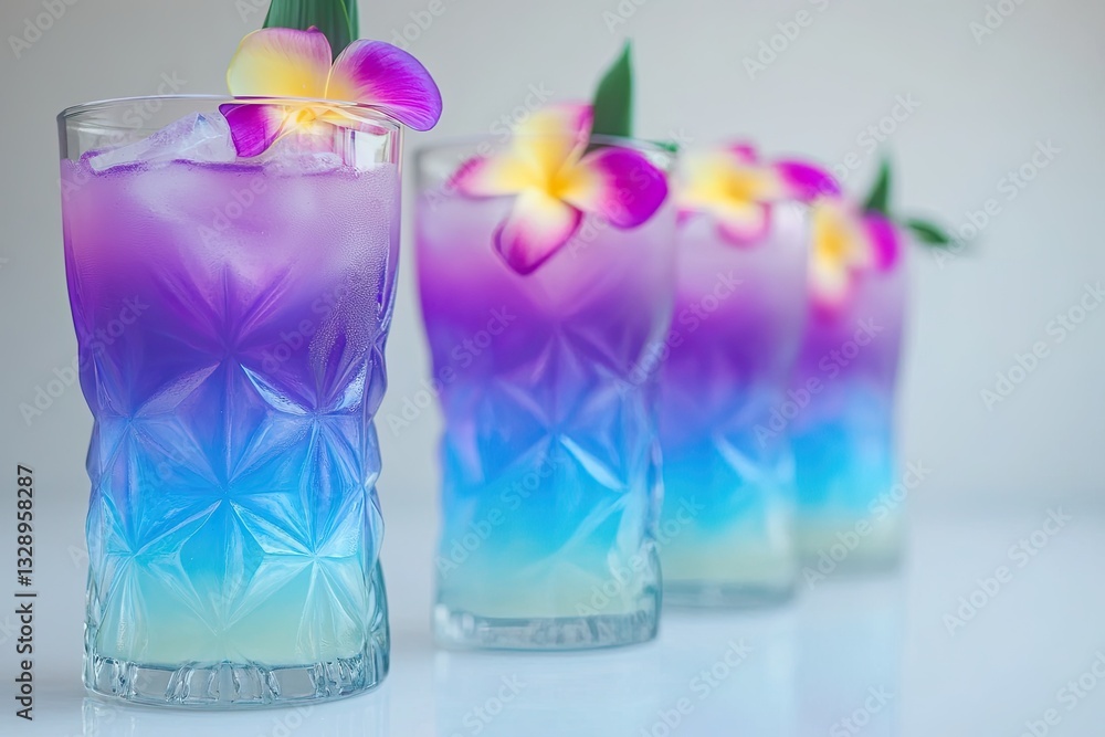 Three ombre gradient drinks, purple, blue, light blue, ice, tropical flower garnish Three ombre gradient drinks, purple, blue, light blue, ice, tropical flower garnish