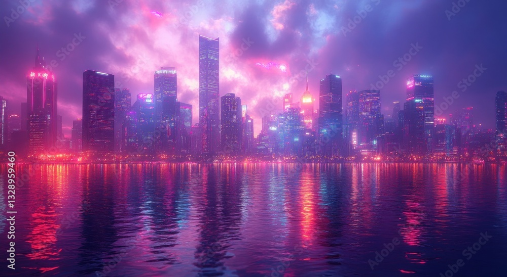 Fototapeta premium Vibrant Night Cityscape of Hong Kong with Neon Lights and Skyscrapers