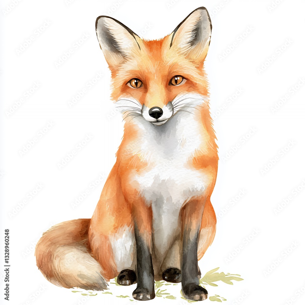 Fototapeta premium Alert Red Fox Watercolor Painting on White Background
