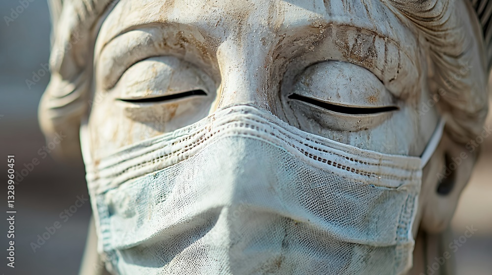 Fototapeta premium Weathered Stone Statue Wearing a Medical Mask
