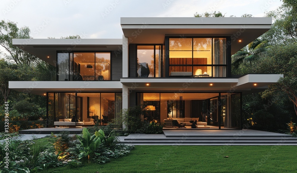 Modern Luxury Home with Minimalist Architecture Surrounded by Lush Greenery and Beautiful Landscaping Modern Luxury Home with Minimalist Architecture Surrounded by Lush Greenery and Beautiful Landscaping
