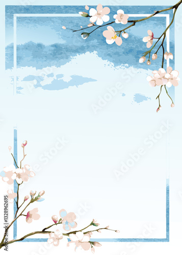 Elegant Watercolor Cherry Blossom Frame on a Light Blue Background