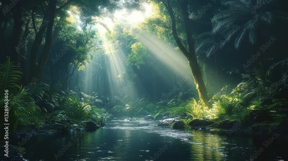 Mystical rainforest with sun rays lush greenery serene river fantasy forest atmospheric ecosystem Mystical rainforest with sun rays lush greenery serene river fantasy forest atmospheric ecosystem