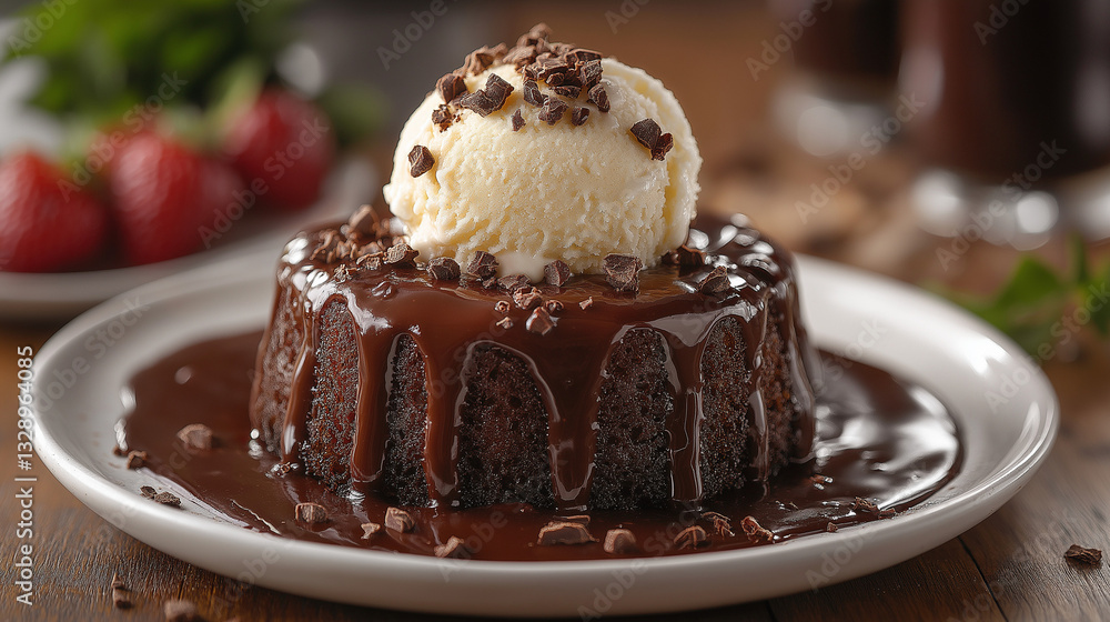 A rich chocolate lava cake sits atop a rustic wooden plate, generously drizzled with chocolate sauce and crowned with melting vanilla ice cream A rich chocolate lava cake sits atop a rustic wooden plate, generously drizzled with chocolate sauce and crowned with melting vanilla ice cream