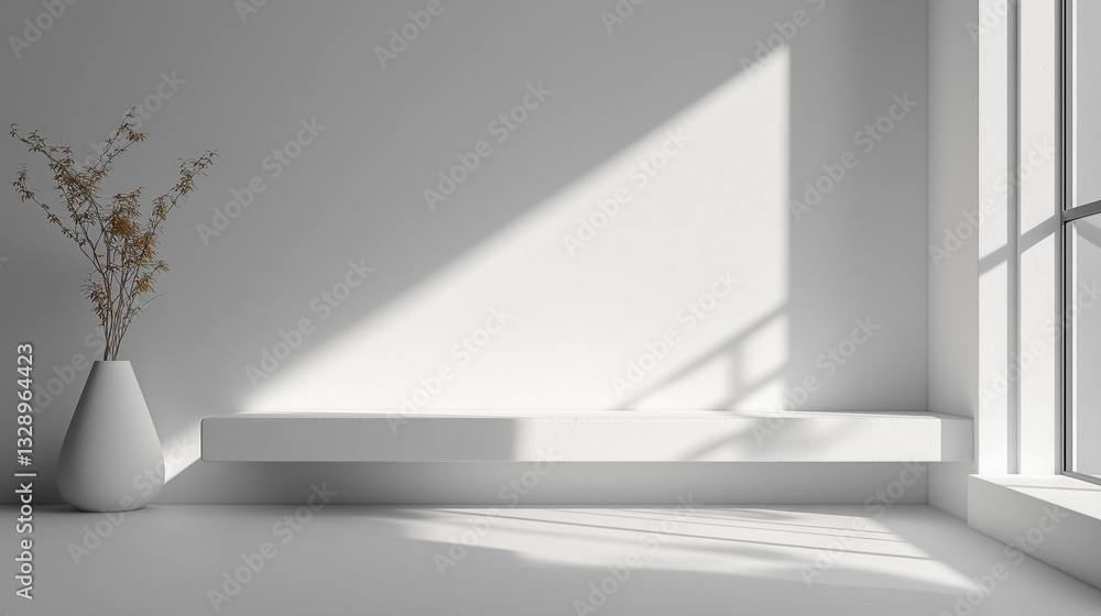 The scene showcases a minimalist white studio with a smooth, clean surface. A tall vase holds dried flowers, while soft natural light streams through the window, casting gentle shadows The scene showcases a minimalist white studio with a smooth, clean surface. A tall vase holds dried flowers, while soft natural light streams through the window, casting gentle shadows