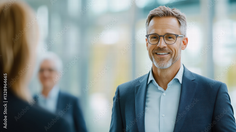Fototapeta premium Businessman smiling while engaging with colleague in modern office