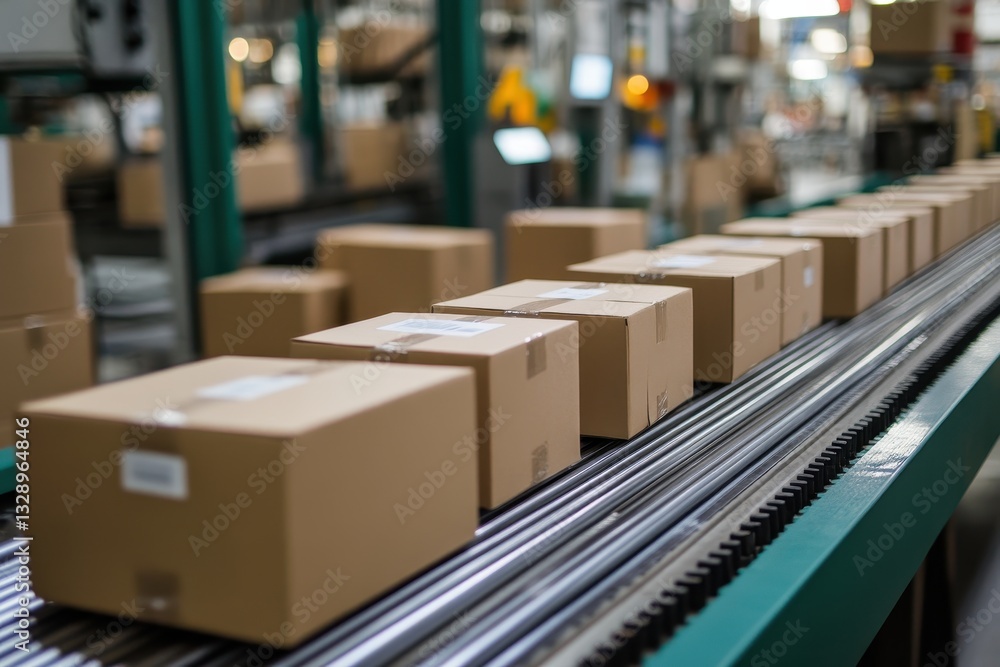Cardboard boxes moving on conveyor belt in a warehouse. Illustrates efficient product packaging and distribution. Cardboard boxes moving on conveyor belt in a warehouse. Illustrates efficient product packaging and distribution.