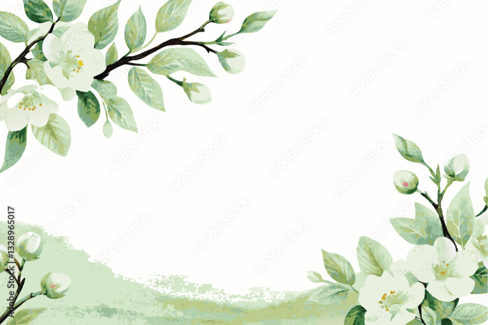 Obraz premium Elegant Watercolor Painting of White Blossoms and Green Leaves on a White Background