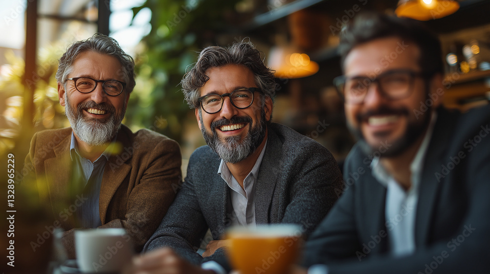 Three businessmen are relaxing in a cozy cafe, sipping coffee and engaging in lively discussions. They appear cheerful and connected, fostering a warm and friendly environment Three businessmen are relaxing in a cozy cafe, sipping coffee and engaging in lively discussions. They appear cheerful and connected, fostering a warm and friendly environment