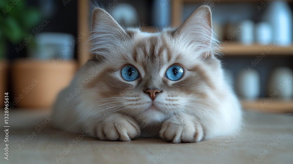 A fluffy cat with blue eyes lies calmly on a wooden surface in a warm, inviting indoor environment. The background features soft lighting and decorative elements, enhancing the cozy atmosphere