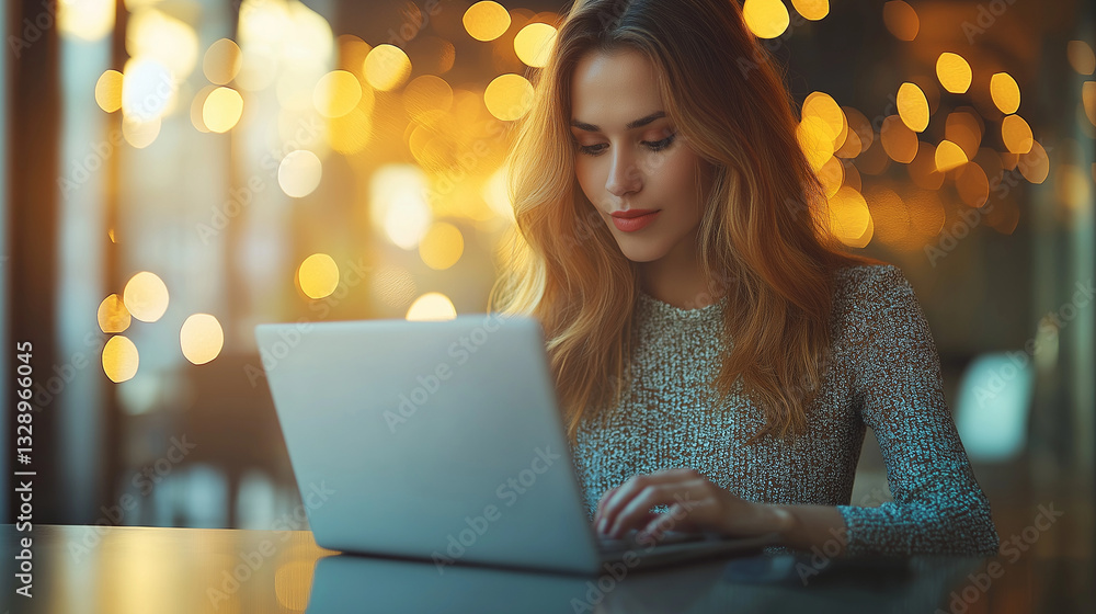 A woman is focused on typing on her laptop, surrounded by a cozy cafe atmosphere filled with warm, ambient lighting and soft bokeh effects A woman is focused on typing on her laptop, surrounded by a cozy cafe atmosphere filled with warm, ambient lighting and soft bokeh effects