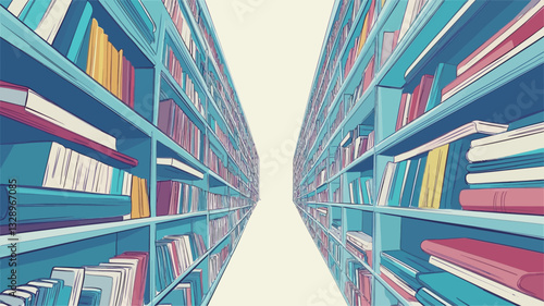 A digitally created illustration depicts two long rows of bookshelves receding into the distance, creating a vanishing point perspective. The bookshelves are light teal blue, and the books are