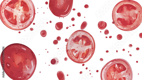 A digital illustration depicting multiple slices of tomato suspended against a white background.  The tomatoes are rendered in a style resembling watercolor painting, with visible brushstrokes and