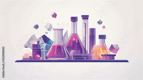 A stylized illustration depicting various laboratory glassware, including beakers, flasks, and test tubes, filled with vibrant purple and orange liquids.  The glassware is arranged on a flat