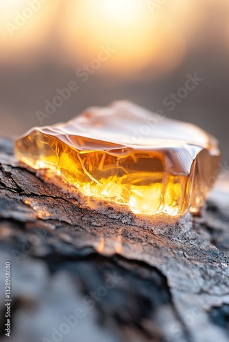 Thick amber resin seeps from rough tree bark, glistening in sunlight. The natural backdrop features soft earth tones, creating an eco-friendly ambiance perfect for organic product appeal