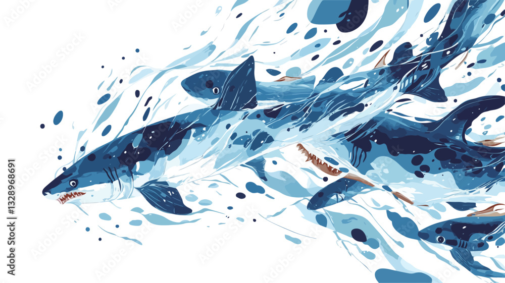 Naklejka premium A stylized illustration depicting a group of sharks swimming in a dynamic, energetic manner. The artwork utilizes predominantly shades of blue, creating a sense of depth and movement within the