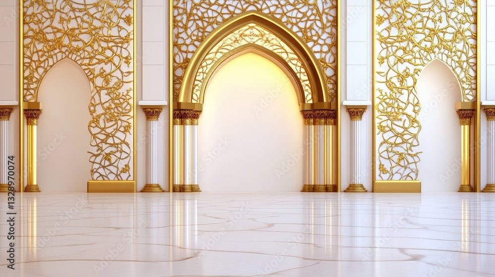 Obraz premium A beautifully designed interior featuring ornate golden arches against a white marble backdrop, showcasing intricate patterns and elegance.