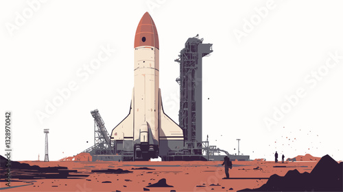 A stylized digital illustration depicting a spacecraft resembling a space shuttle on a launchpad in a red, desert-like landscape. The style is minimalist with flat colors and simplified forms. The