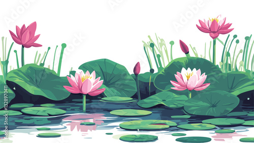 A stylized illustration depicting a collection of pink water lilies and their lily pads in a calm pond.  The illustration features several fully bloomed water lilies, some unopened buds, and