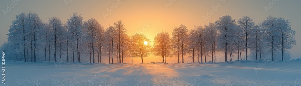 Serene winter landscape with golden sunrise snow-covered trees and pastel sky Serene winter landscape with golden sunrise snow-covered trees and pastel sky