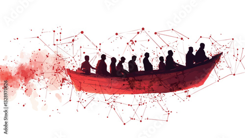 The image is a stylized illustration depicting a red boat carrying numerous dark silhouettes of people.  The boat is rendered in a flat, graphic style with a minimalist approach. The background
