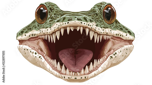 A detailed digital illustration depicts the head of a reptile, viewed from a frontal perspective. The reptile's mouth is wide open, revealing numerous sharp teeth. The skin texture is depicted with