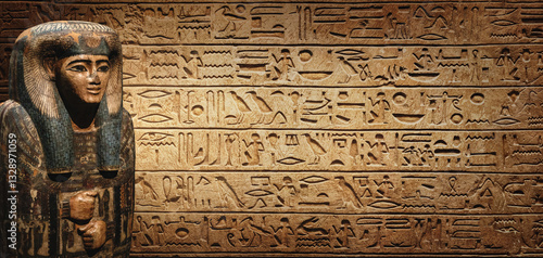 Fotografija Sarcophagus with an Egyptian mummy on old Egyptian hieroglyphs