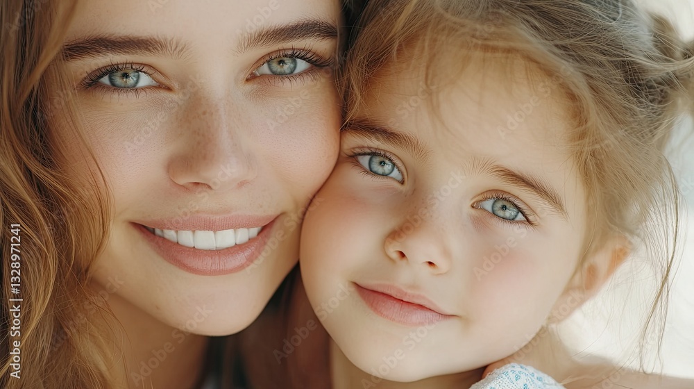Close up shot beautiful woman posing with little daughter, looking at camera, revealing white teeth, advertising dental services, medical insurance cover. Happy motherhood, ties, love, understanding Close up shot beautiful woman posing with little daughter, looking at camera, revealing white teeth, advertising dental services, medical insurance cover. Happy motherhood, ties, love, understanding