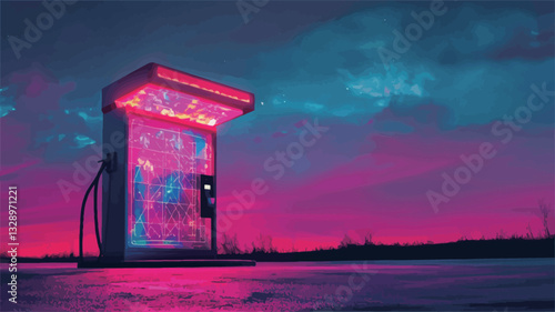 The image depicts a brightly illuminated electric vehicle charging station standing alone in a desolate landscape at dusk. The station is predominantly pink and purple, emitting a vibrant glow.