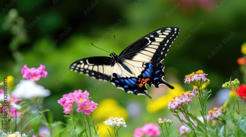 Colorful Butterfly Flying Over Vibrant Garden Flowers in Spring Colorful Butterfly Flying Over Vibrant Garden Flowers in Spring