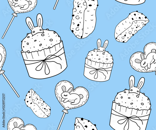 Panettone Easter cake, seamless background, border with Italian pastries or sweet festive bread with raisins. Vector