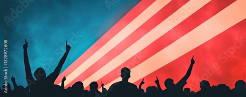 Summer concerts music dance. Silhouetted crowd against a vibrant backdrop with red, white, and blue rays.