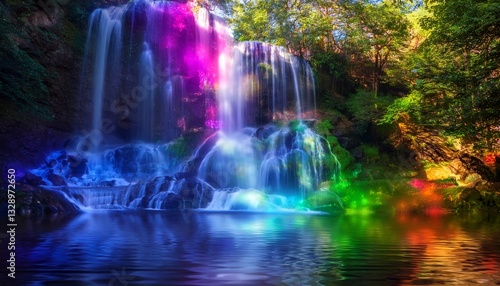 A waterfall infused with glowing chakra energy, cascading down in vibrant colors, creating a harmonious blend of nature and spiritual power