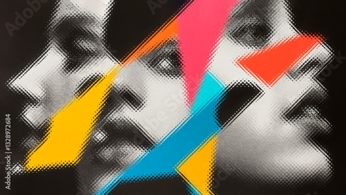 Abstract background with faces collage black and white and colours elements, psychology, stress wallpaper illustration, Generative AI with halftone texture overlaid with vibrant geometric shapes
