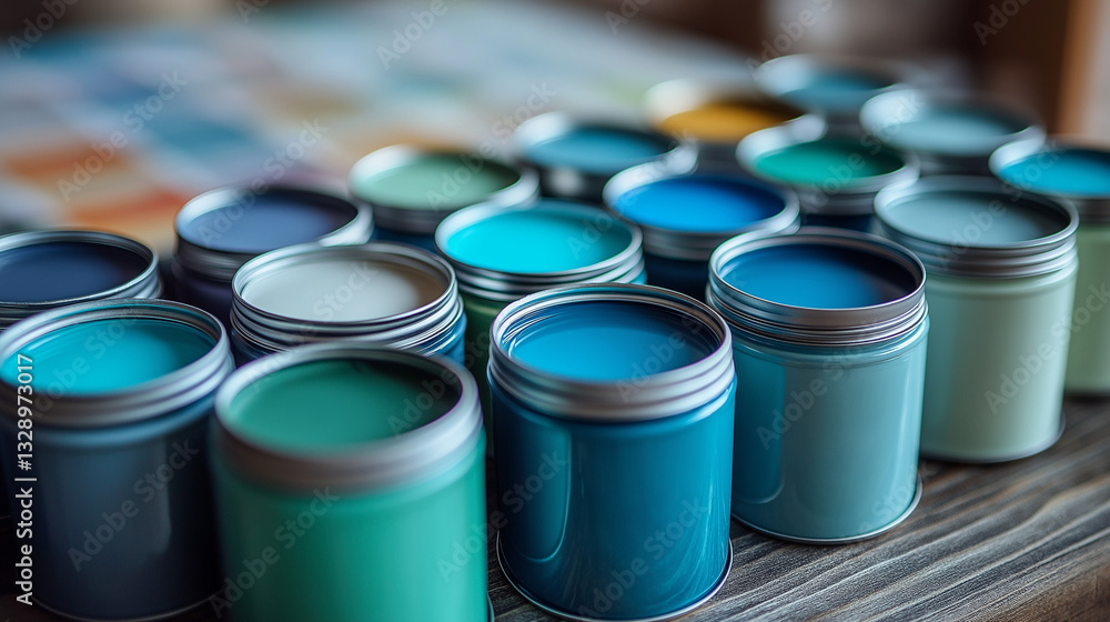 During a house renovation, an array of tiny paint sample cans displays various vibrant colors on a wooden surface, helping in the selection process for interior design During a house renovation, an array of tiny paint sample cans displays various vibrant colors on a wooden surface, helping in the selection process for interior design