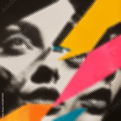 Abstract background with faces collage black and white and colours elements, psychology, stress wallpaper illustration, Generative AI with halftone texture overlaid with vibrant geometric shapes
