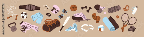 Set of sports equipment. Different fitness gym items. Accessories for training, workout supplies, tools- balls, barbell, rackets, boxing gloves, mat, jumping rope. Flat isolated vector illustrations