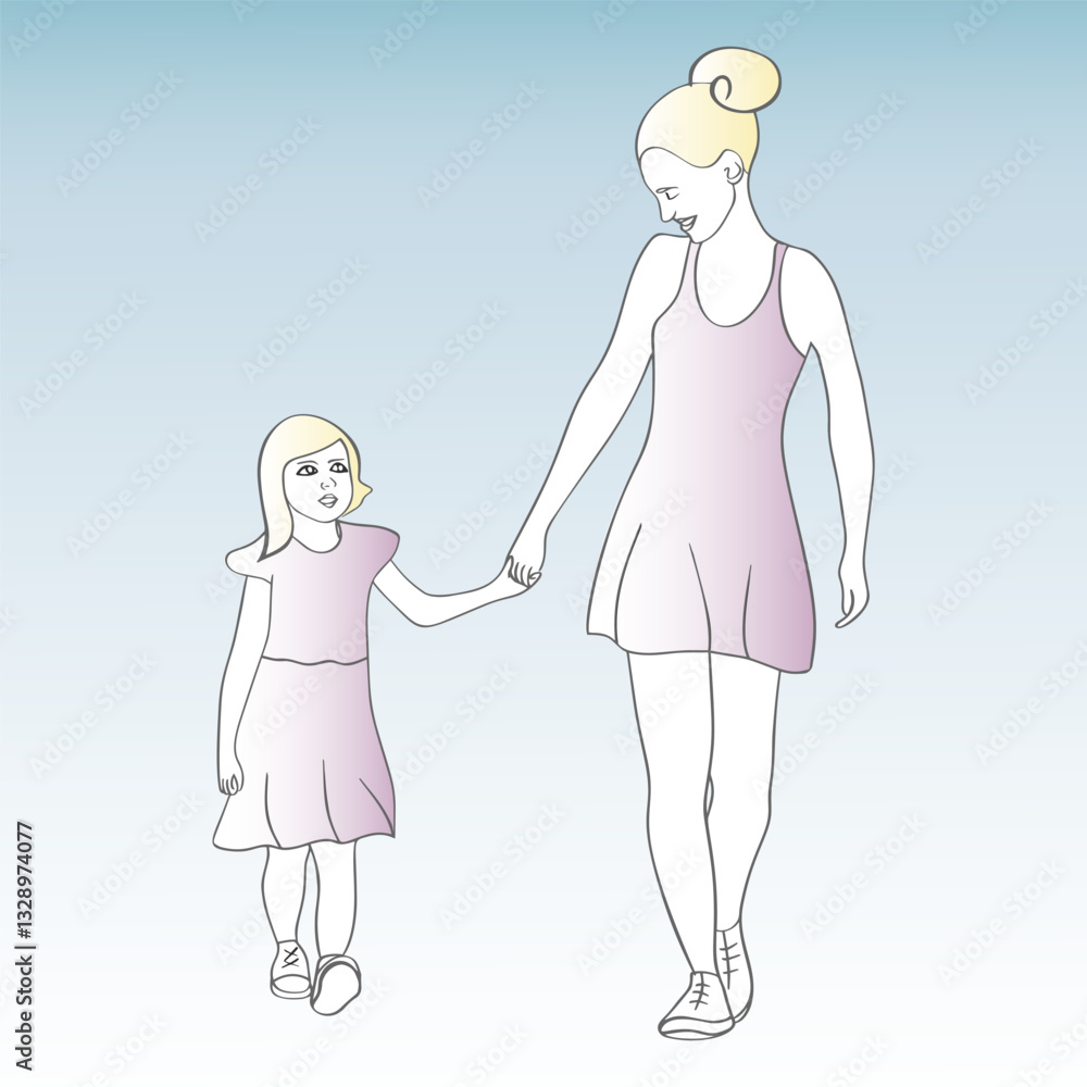 Mom and daughter walking holding hands in pastel colors Mom and daughter walking holding hands in pastel colors
