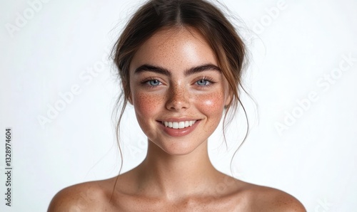 Young woman with freckles smiling and glowing skin using skincare products on a white background