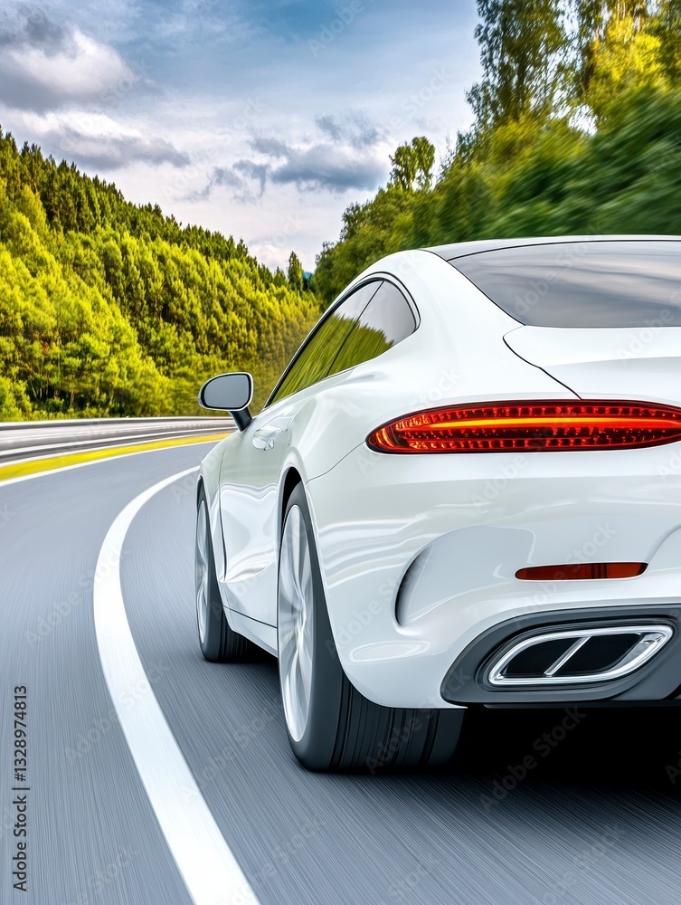 Naklejka premium White Sports Coupe Driving on Scenic Forest Road