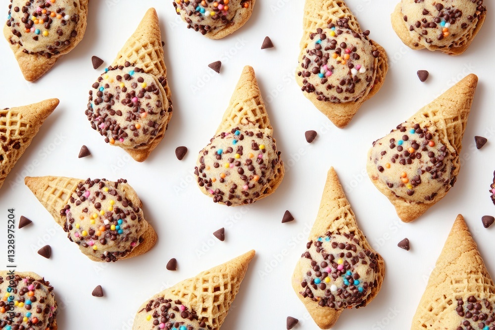 Ice cream cone shaped cookies decorated with chocolate chips and sprinkles Ice cream cone shaped cookies decorated with chocolate chips and sprinkles