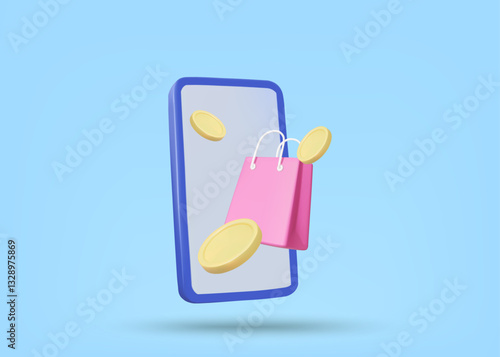 3D Illustration Vector Render of Mobile Phone Icon, Shopping Bag and Gold Coin. Online Shopping Concept via Mobile App, Shopping, Digital Payment, Convenience, Product Selection.