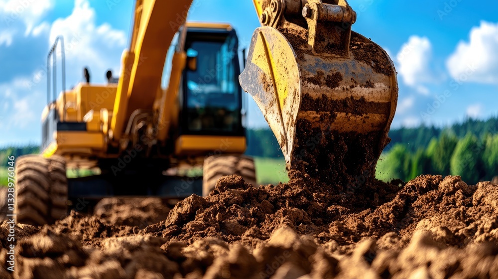Fototapeta premium Excavator Digging Earth on Construction Site Under Blue Sky