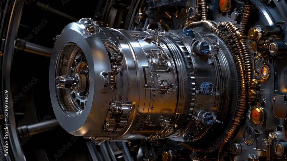 Detailed close-up of shiny mechanical engine component in dark setting Detailed close-up of shiny mechanical engine component in dark setting