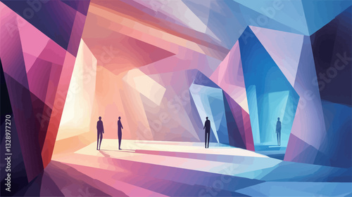 The image is a digital illustration depicting an abstract interior space composed of large, faceted geometric shapes in shades of pink, blue, purple, and orange.  The shapes create a sense of depth