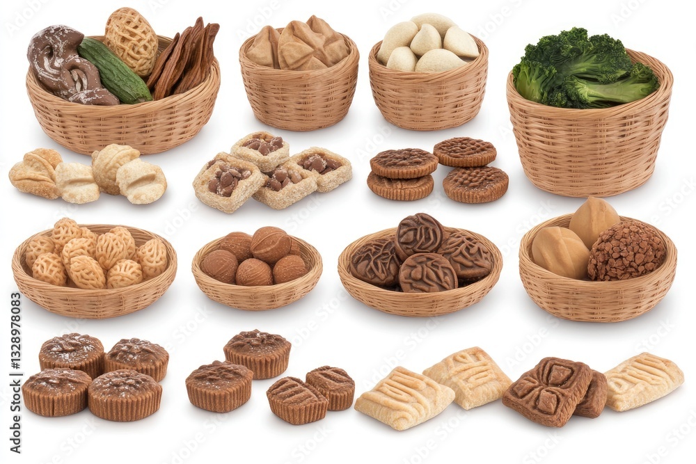Assorted baked goods in small woven baskets. Various types of cookies, bread, pastries, nuts, and vegetables Assorted baked goods in small woven baskets. Various types of cookies, bread, pastries, nuts, and vegetables