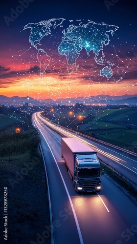 Truck on night highway with luminous global grid layer.