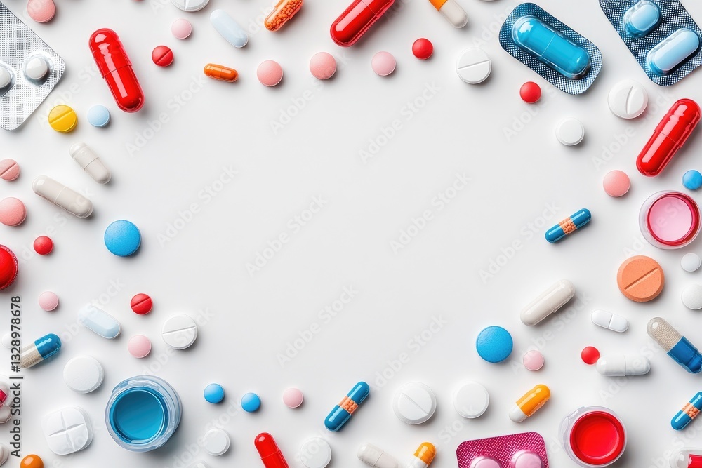 Assorted pharmaceutical medications arranged in a frame Assorted pharmaceutical medications arranged in a frame